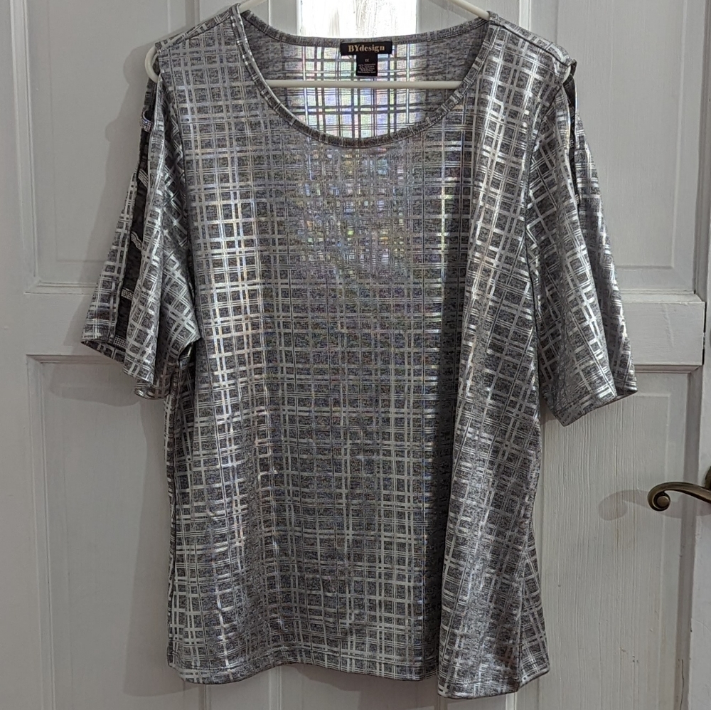 By Design Silver Shimmer Cold Shoulder Top